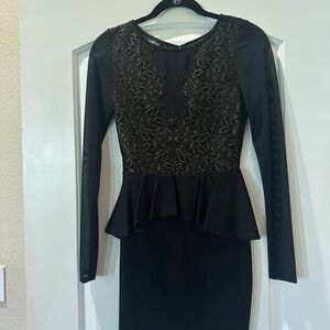 Bebe Black Dress with Gold Lace and Peplum